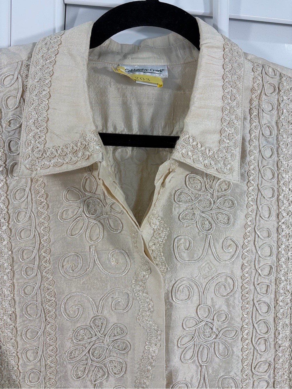 100% Silk Classic Embroidered Button-Front Cream Blouse (L) - Picture 3 of 14